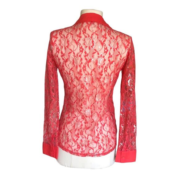 Bongo Y2K Flair Coral Lace Subtle Silver Metallic Collar Button-Up Shirt Medium - Picture 4 of 10